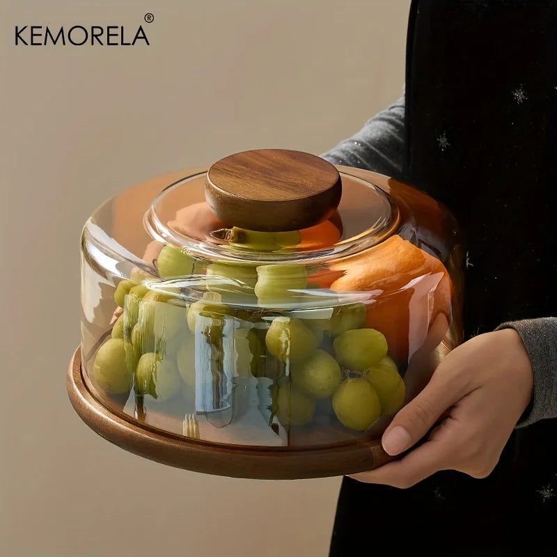 Round Wooden Cake Stand with Glass Dome Lid | KEMORELA Cake Stand Axl