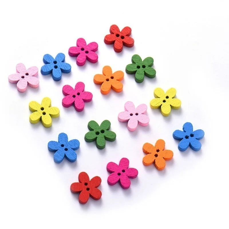 100 Pcs Flower Wooden Buttons 14x15mm – Mixed Color 2-Hole Wooden Craft Buttons Axl as picture