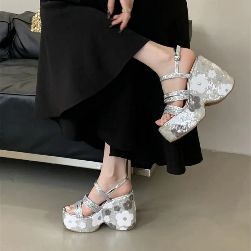 Women's Sequin Platform Wedge Sandals – High Heel Gladiator Platform Wedge Sandals Axl