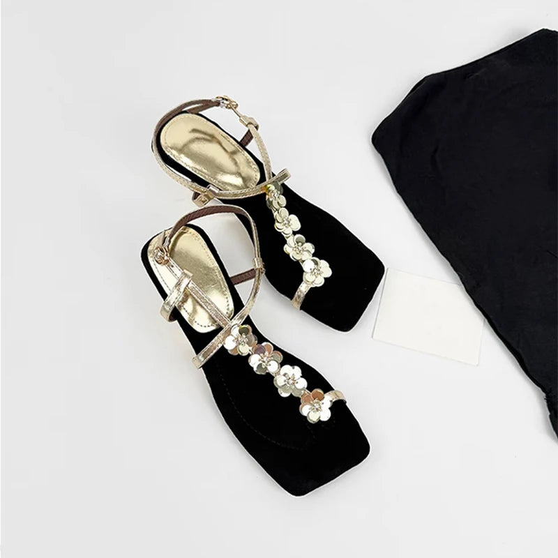 Women's Sequin Flower Wedge Sandals | Open Toe Gladiator Heels Wedge Sandals Axl