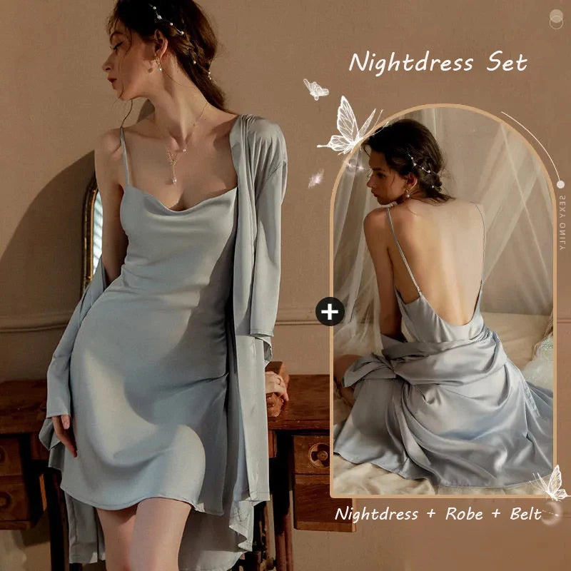 Satin Robe & Nightdress Set – 2-Piece Faux Silk Kimono Sleepwear Satin Robe Set Axl Sky Suit L