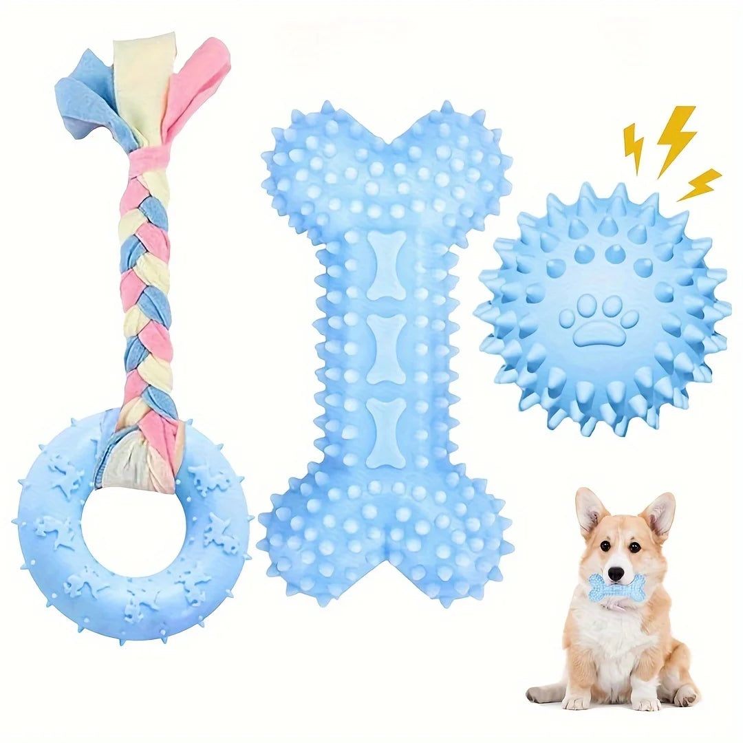 KEMORELA 3-Pack Puppy Chew Toys – Soft Rubber Teething Bones Puppy Chew Toys Axl Blue 3PCS