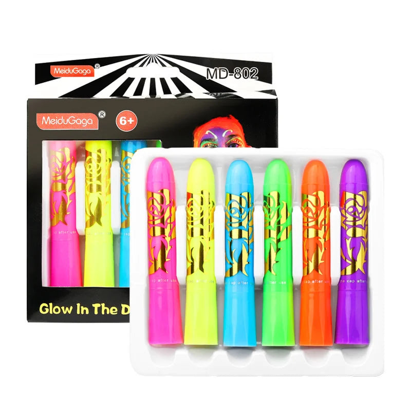 UV Neon Face & Body Paint Sticks – 6-Color Glow Party Kit UV Face Body Paint Axl 6pcs