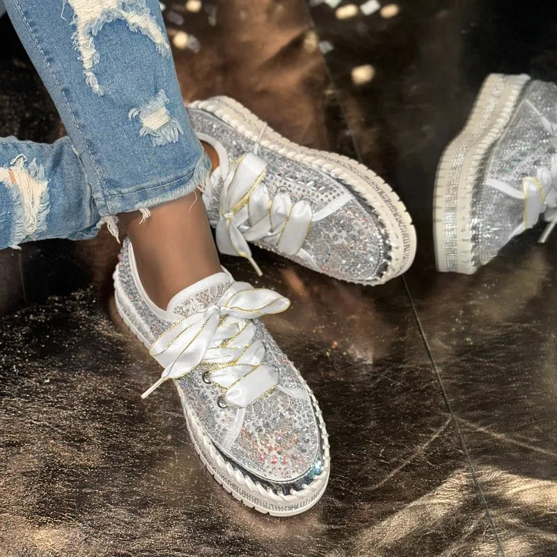 Women's Rhinestone Flat Sneakers – Luxury Casual Trainers Flat Sneakers Axl