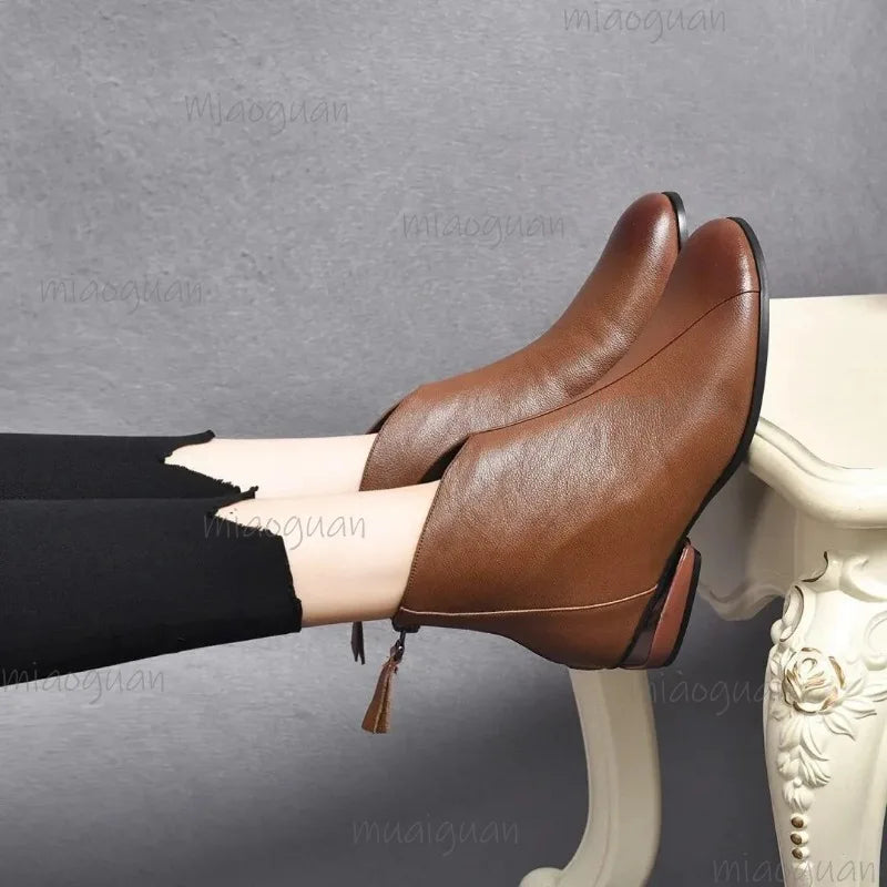 Women's PU Leather Ankle Boots – Low Heel Zip Short Boots Women's Ankle Boots Axl