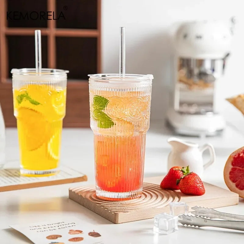 KEMORELA 600ml Floral Glass Tumblers with Lid & Straw Glass Tumbler Set Axl