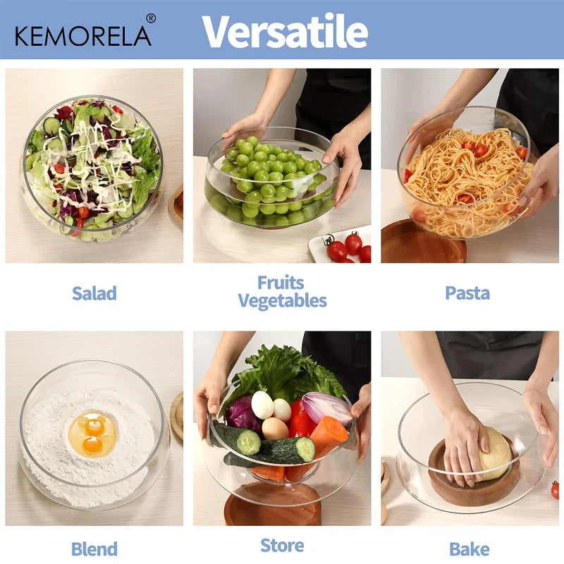 KEMORELA Hand-Blown Glass Salad Bowl Set with Wooden Base Glass Serving Bowl Axl