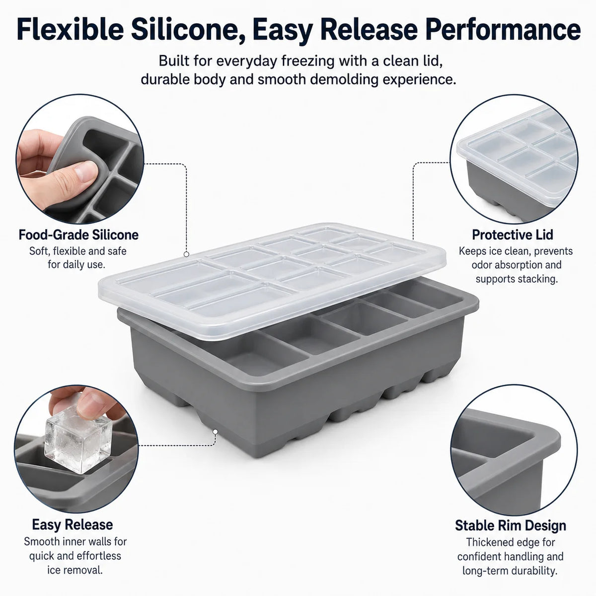 Silicone Ice Cube Tray with Lid – 13-Cavity Stackable Mold Silicone Ice Tray Axl