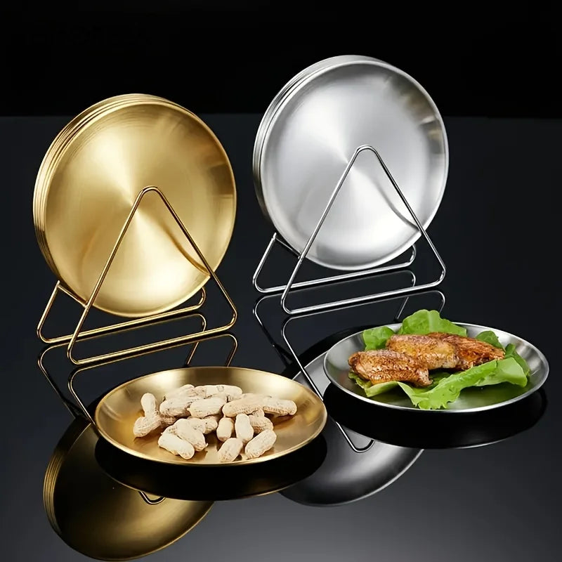 6-Piece Stainless Steel Camping Plate Set with Storage Rack Camping Plate Set Axl