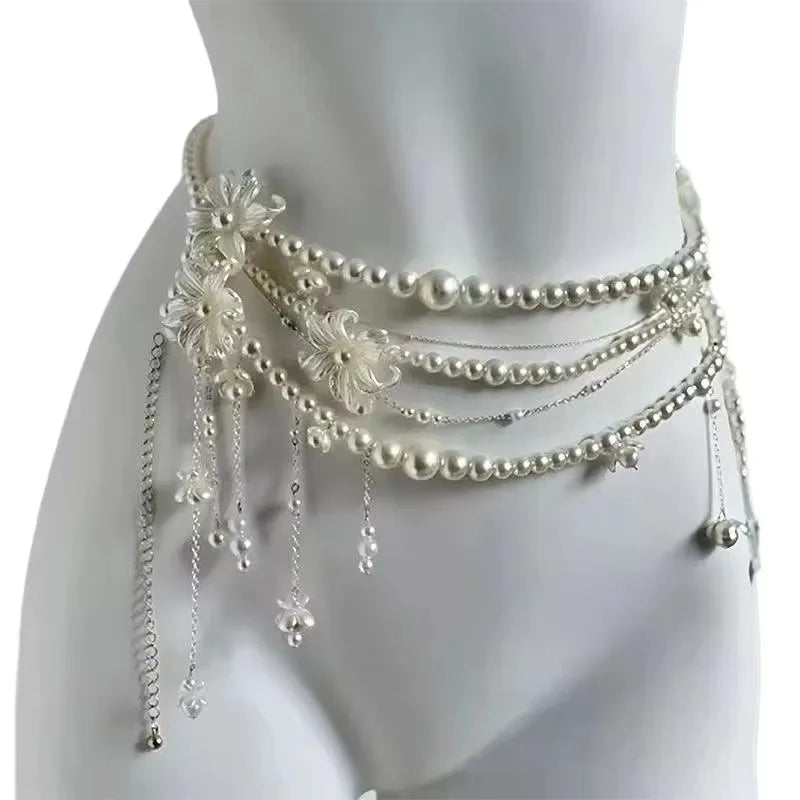 Multilayer Pearl Waist Chain Belt – Y2K Retro Women's Fashion Fashion Waist Belt Axl
