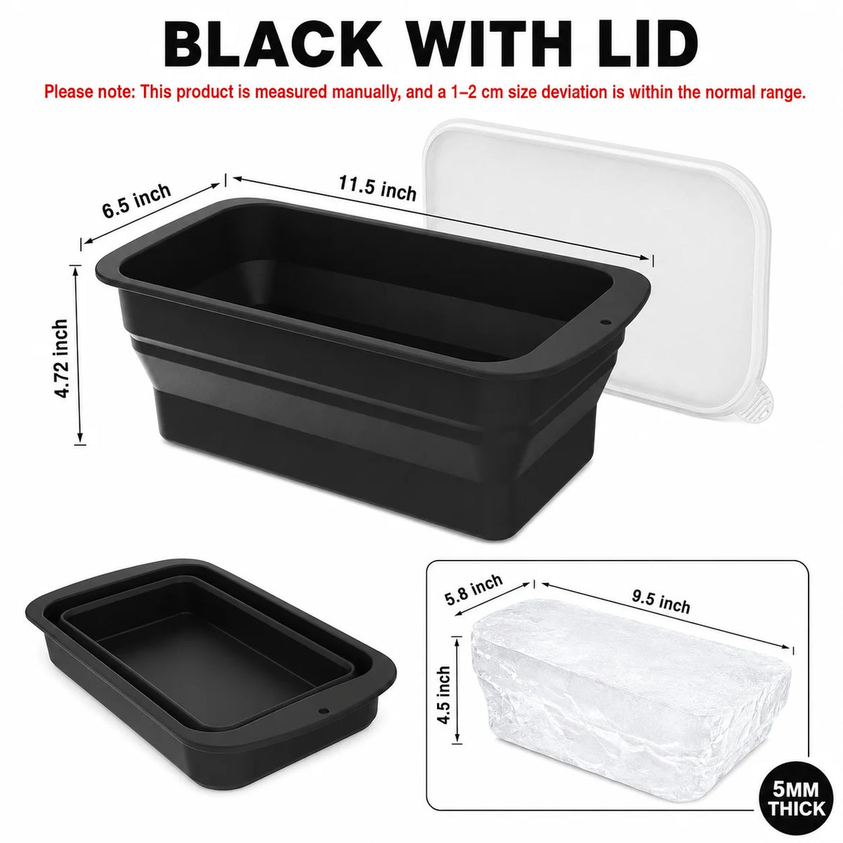 Extra Large Collapsible Silicone Ice Block Mold with Lid | 8 lb Silicone Ice Mold Axl Foldable Black w Lid