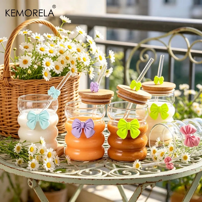 KEMORELA 300ml Butterfly Glass Cup with Lid & Straw Glass Drinkware Cup Axl