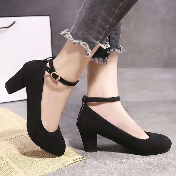 YBQJOO Women's Ankle Strap Pumps – Thick Square Heel Buckle Ankle Strap Pumps Axl Black 42