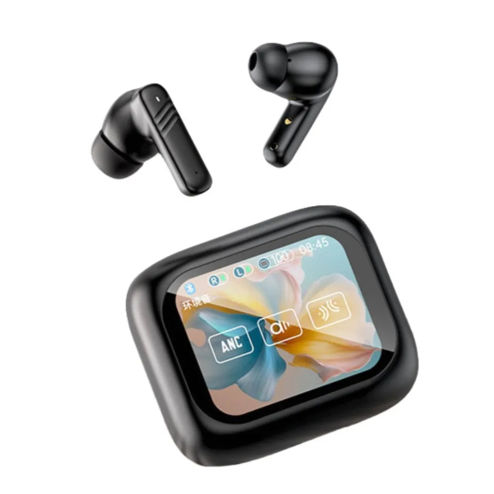 Bluetooth 5.4 ANC TWS Earbuds – Smart LCD Touch Screen Wireless Earbuds Axl Black