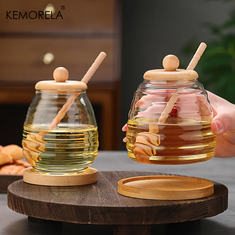 KEMORELA Glass Honeycomb Honey Jar with Dipper & Lid – 400ml Glass Honey Jar Axl