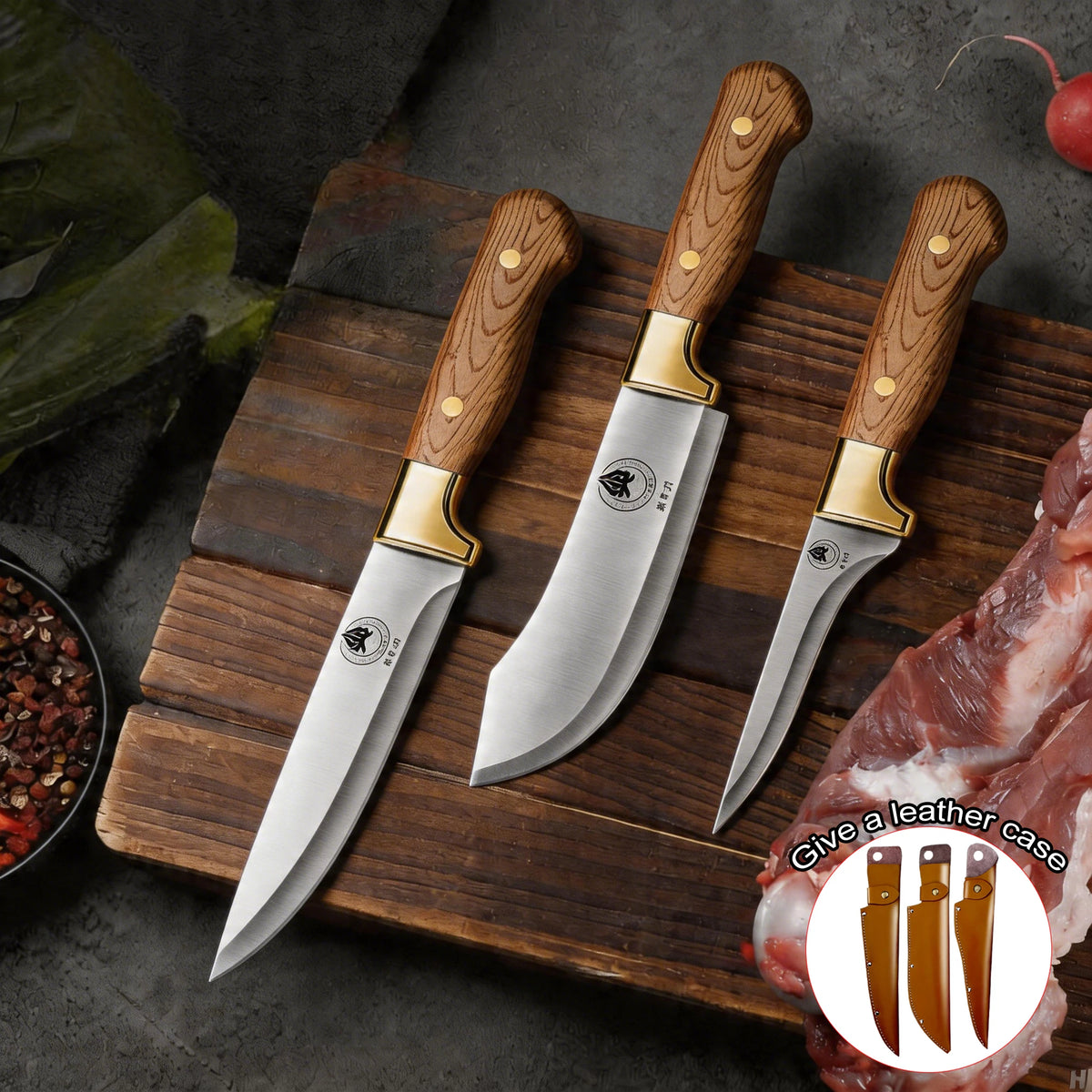 Kitchen Butcher Knife Set with Leather Sheath – 1 or 3 Piece Butcher Knife Set Axl