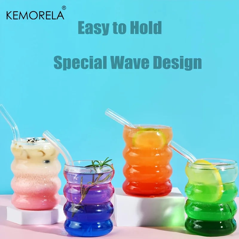 Caterpillar Wave Glass Cups with Straws | Iced Coffee & Drinks Glass Drinkware Set Axl