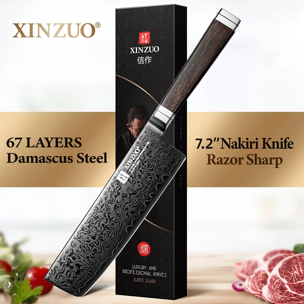 XINZUO 7.2" Nakiri Knife – 67-Layer Damascus Steel Ebony Handle Nakiri Kitchen Knife Axl