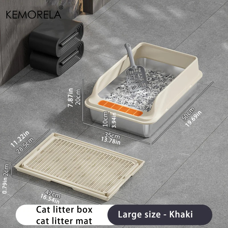 KEMORELA XL Stainless Steel Cat Litter Box with Anti-Splash Mat Cat Litter Box Axl Khaki 50cm