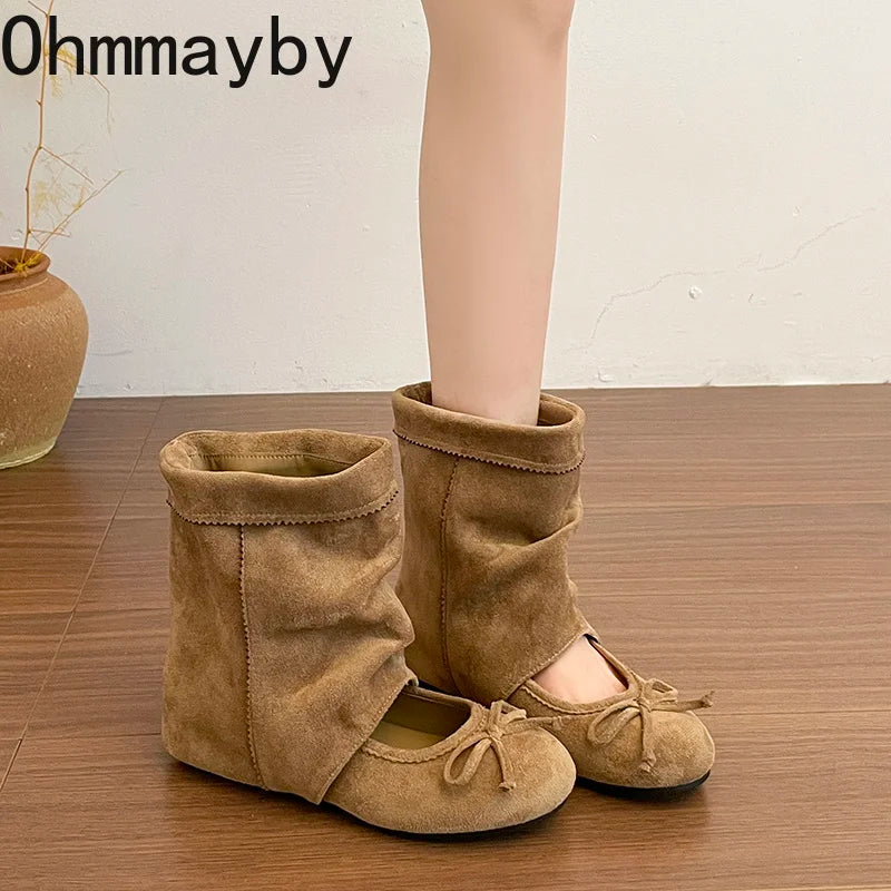 Women's Vintage Suede Mid-Calf Booties Butterfly-Knot Wedge Mid-Calf Wedge Booties Axl