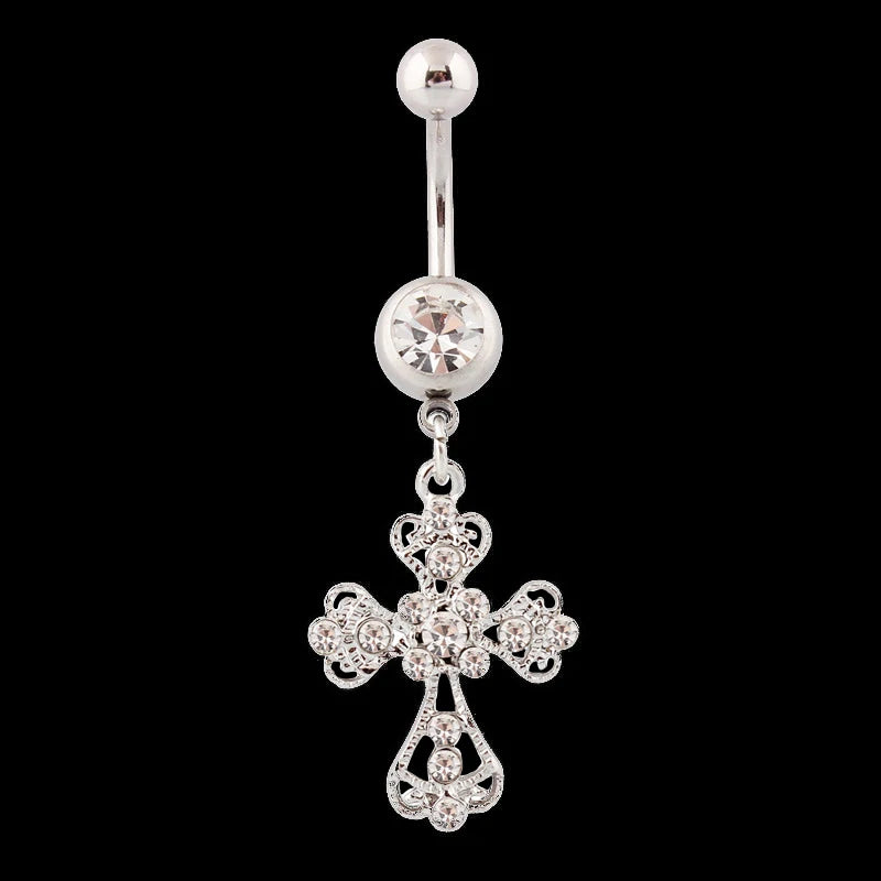 Crystal Rhinestone Cross Belly Button Ring – Stainless Steel Belly Button Ring Axl Surface and Dermal Navel & Bell Button Rings onesize