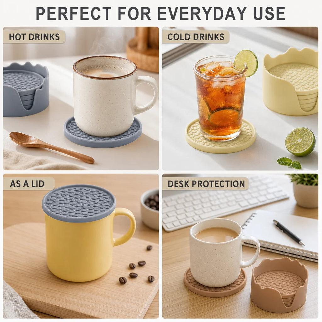 6-Pc Silicone Coasters Set with Holder & Dustproof Lid Silicone Coaster Set Axl