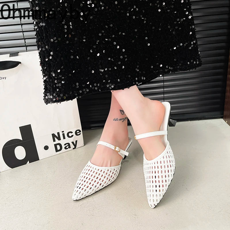 Women's Hollow Weave High Heel Mules – Square Heel Dress Slides High Heel Mules Axl