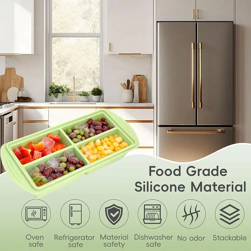 Silicone Food Freezer Mold – 4-Cup Portion Tray with Lid Silicone Freezer Tray Axl