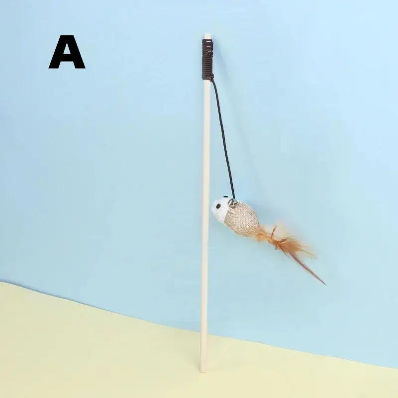 Mouse Shape Wooden Cat Teaser Wand with Feather & Bell Cat Teaser Wand Axl A