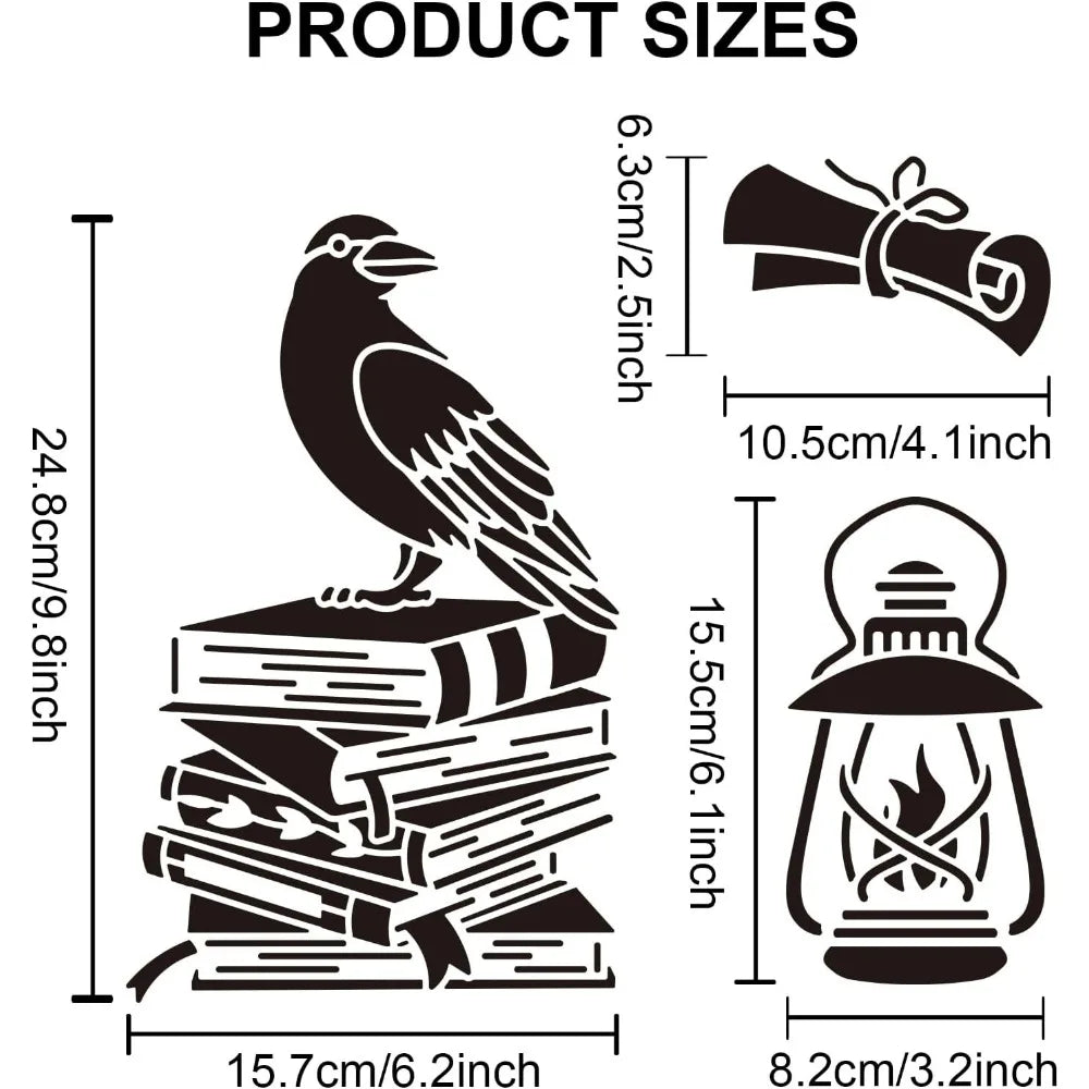 Crow & Book Stencil Set 11.8" – Raven, Candle & Pen Patterns Craft Stencil Set Axl