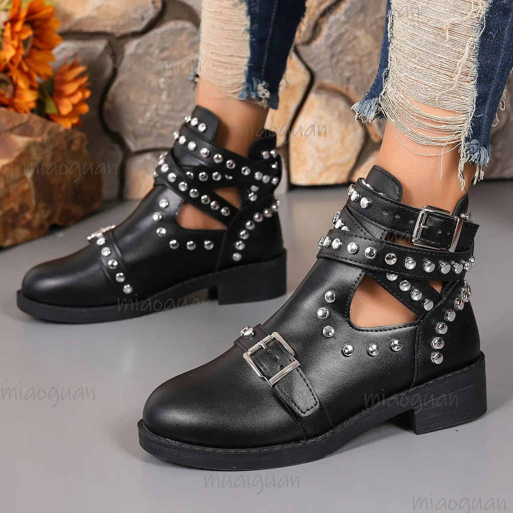 Women's Punk Ankle Boots – Black Rivet Buckle Strap Square Heel Women's Ankle Boots Axl