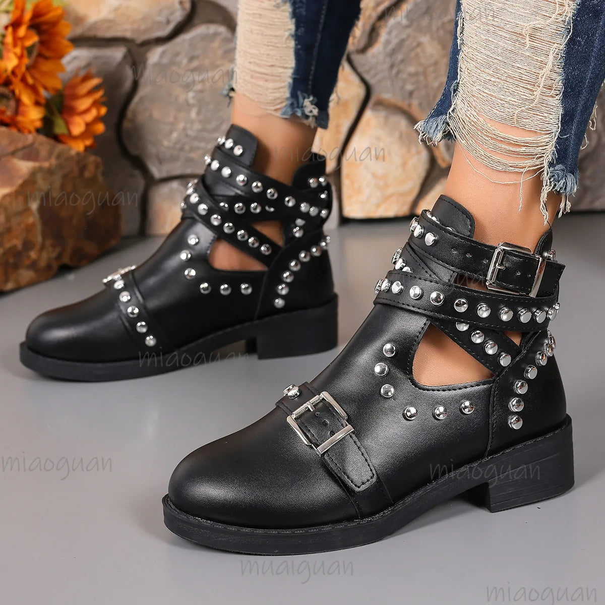 Women's Punk Ankle Boots – Black Rivet Buckle Strap Square Heel Women's Ankle Boots Axl