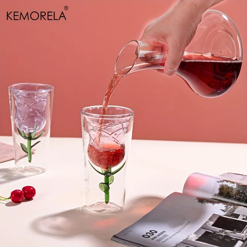 KEMORELA Rose Shape Double-Layer Glass Wine Cup | Gift Double-Layer Wine Glass Axl