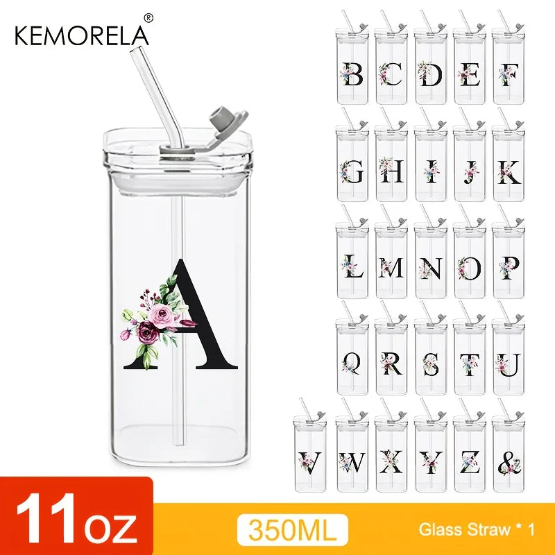KEMORELA 300ml Letter-Shaped Glass Tumbler with Lid & Straw Glass Tumbler Axl