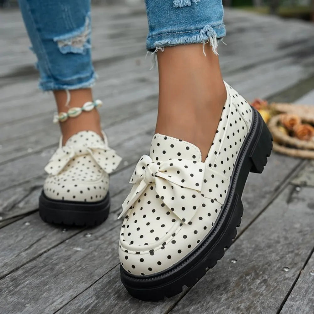 Women's Polka Dot Bow Knot Sneakers – Retro Slip-On Flats Slip-On Flat Sneakers Axl 38 Beige