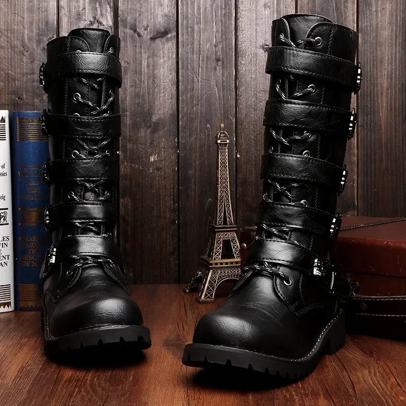 Men's Gothic Combat Boots – PU Leather Mid-Calf Zip Boots Men's Combat Boots Axl