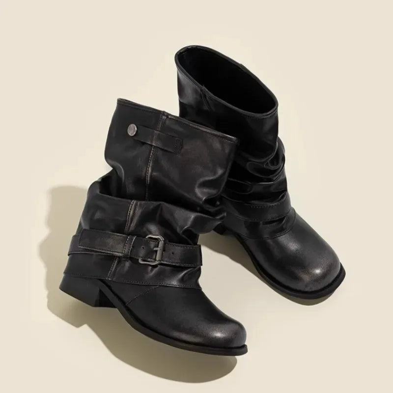 Women's Western Cowboy Boots – Metal Buckle Stacked Heel Western Cowboy Boots Axl