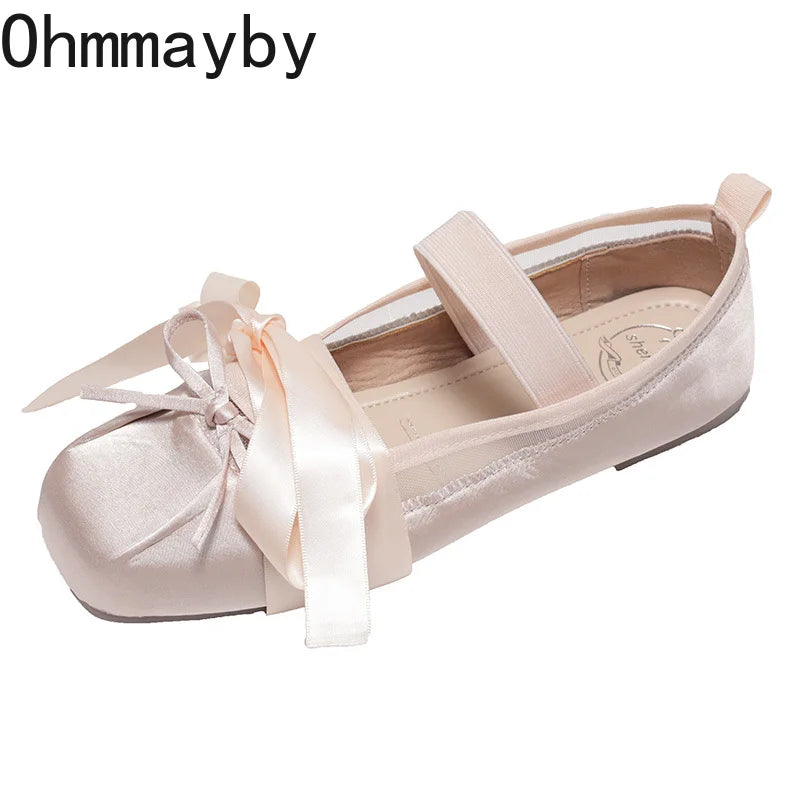 Satin Mary Jane Ballet Flats – Square Toe Butterfly-Knot Ballet Flats Axl