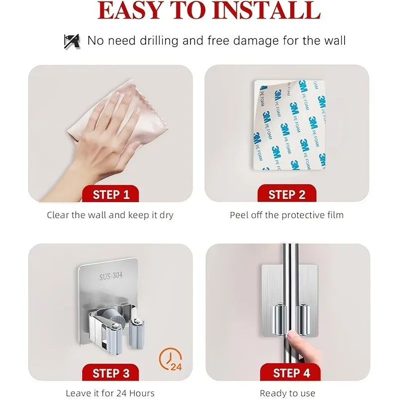 3-Pack No-Drill Wall-Mounted Mop & Broom Holder | Stainless Wall Hook Set Axl