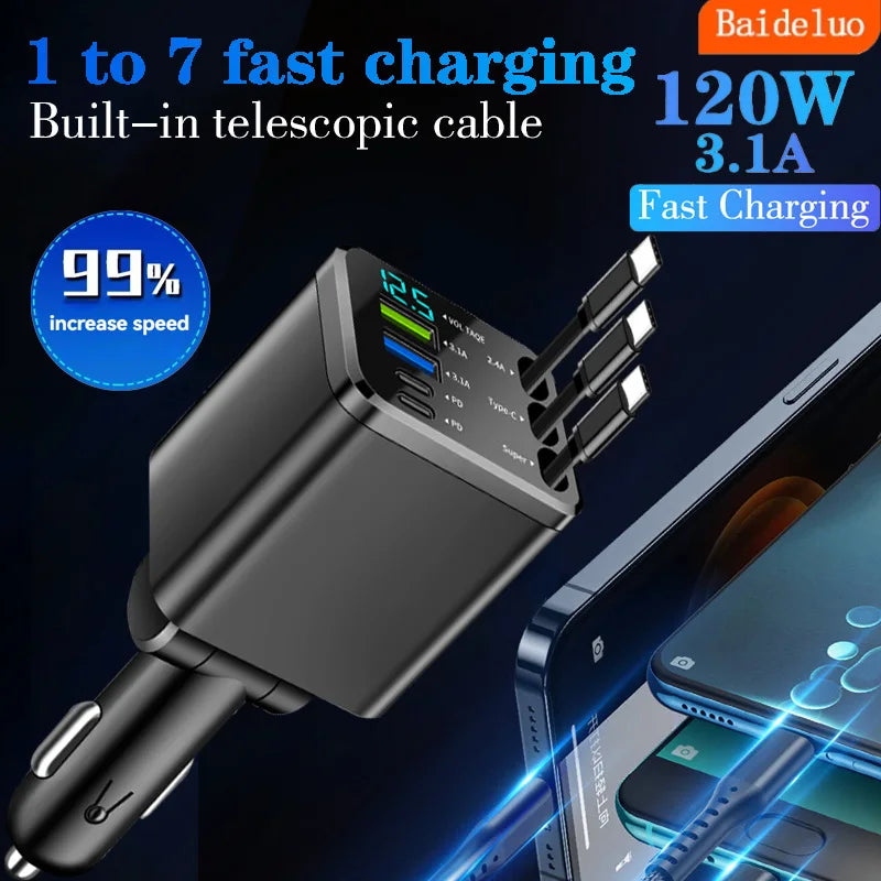 7-in-1 Retractable Car Charger 120W USB-C USB-A Fast Charge Car Charger Adapter Axl 1 PCS