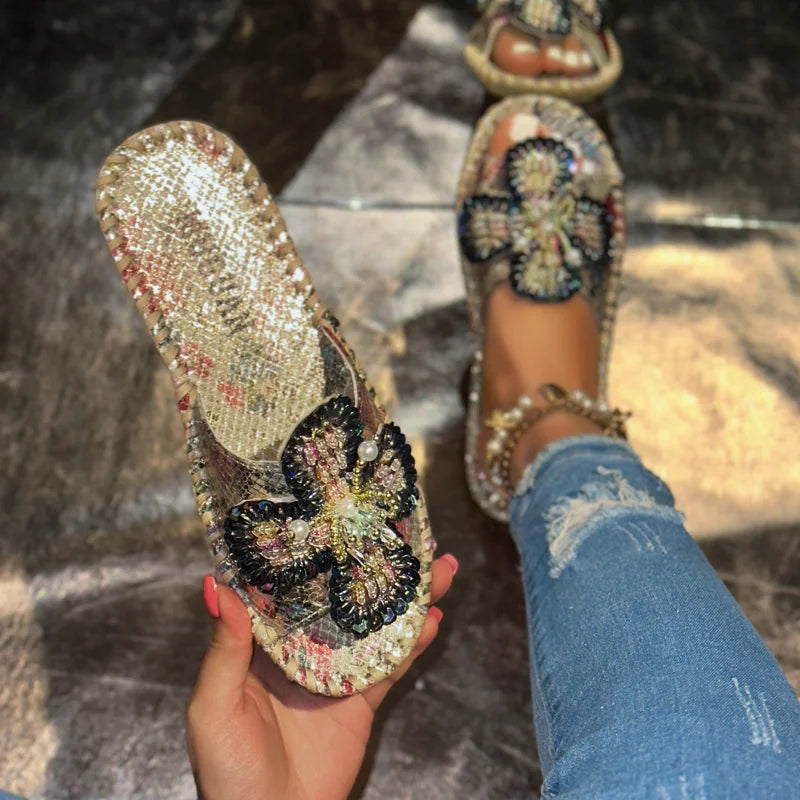 UXST Women Platform Slippers – Pearl Flower Printed Leather Platform Slippers Axl