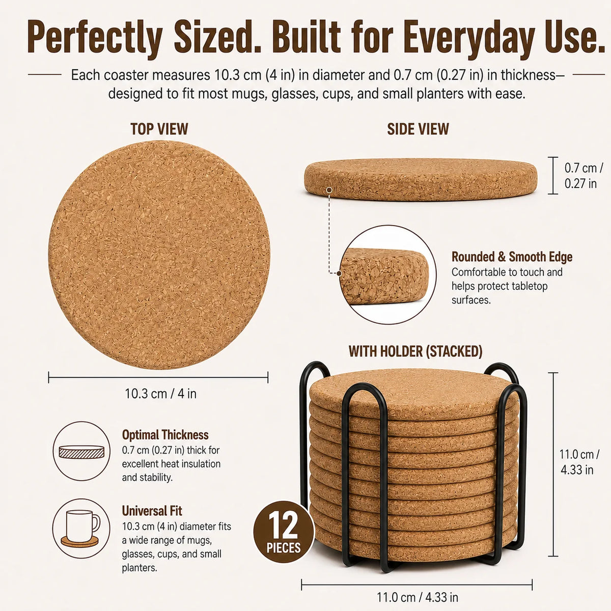 Natural Cork Coasters Set of 12 with Metal Holder | Absorbent Cork Coaster Set Axl