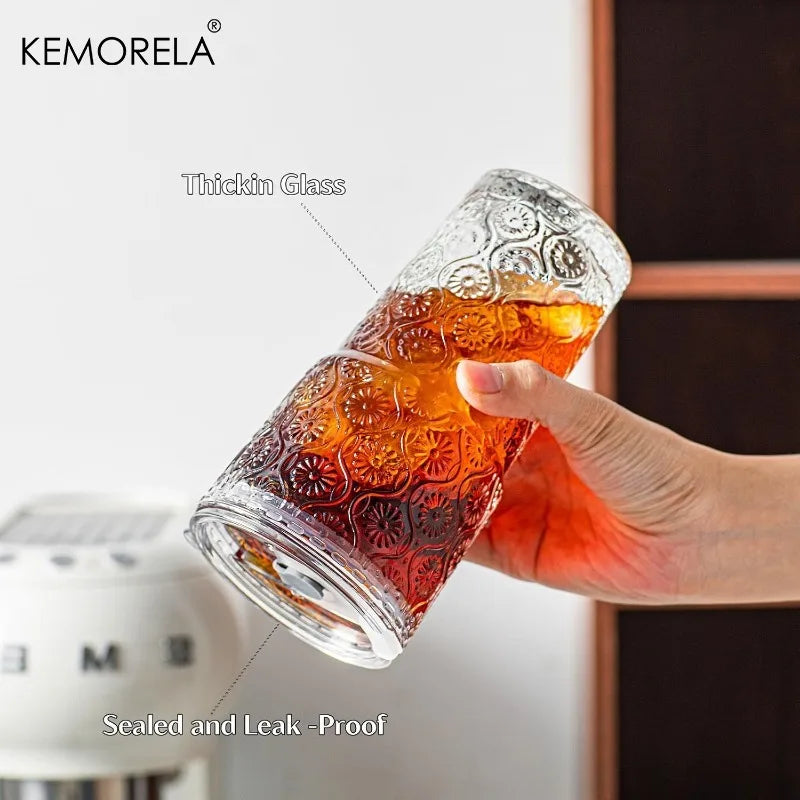 KEMORELA 600ml Begonia Glass Tumblers Set of 4 with Lids & Straws Glass Tumbler Set Axl