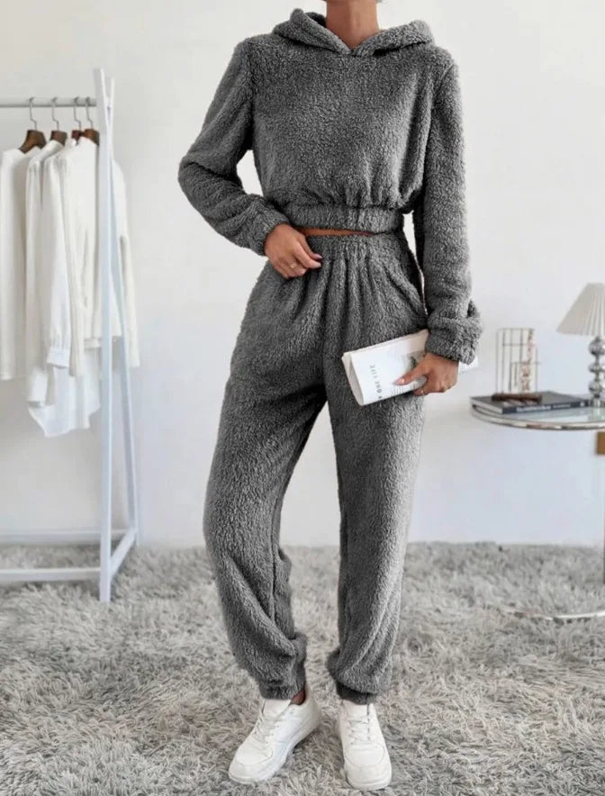 Women's Plush Hooded Loungewear Set – Cozy Winter Homewear Women's Loungewear Set Axl gray S