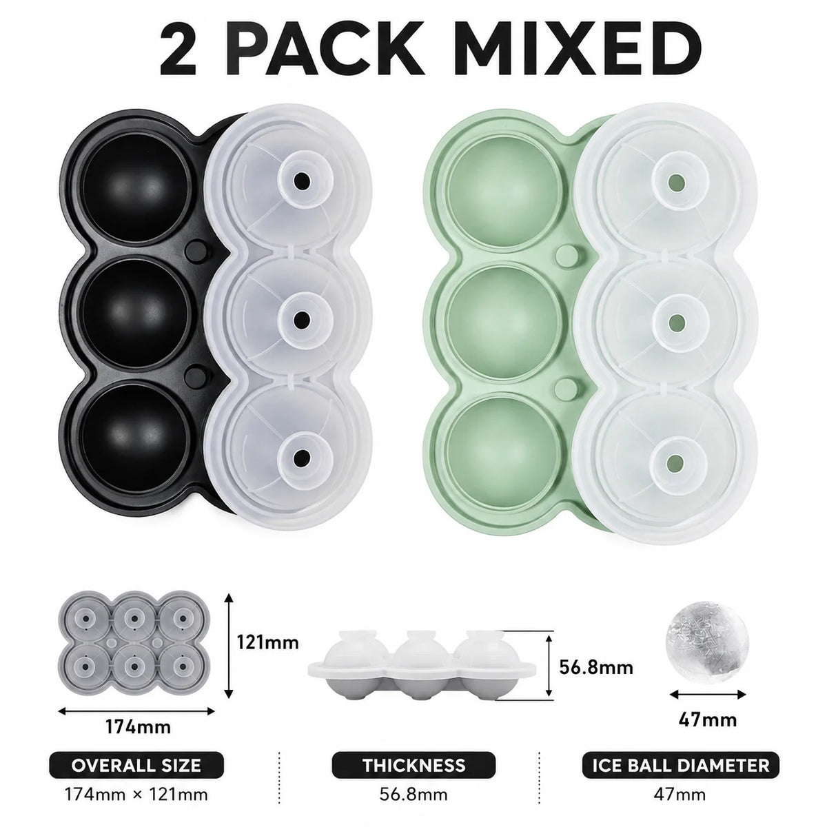 6-Sphere Silicone Ice Ball Maker Tray with Funnel Lid | Bar Silicone Ice Ball Tray Axl 2 Pack Mixed