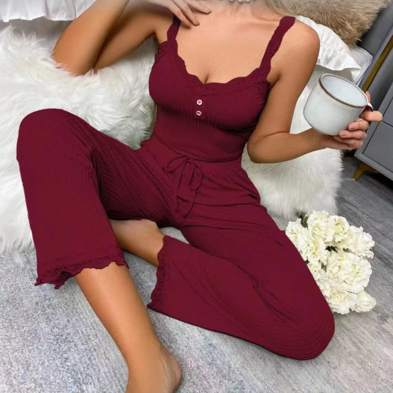 Women's Lace Trim 2-Piece Pajama Set – Soft Spaghetti Strap Sleepwear Pajama Set Axl