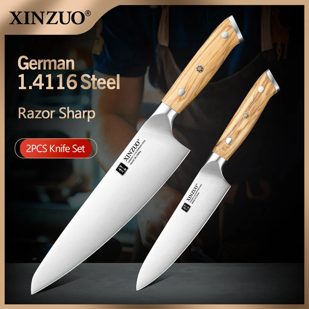 XINZUO German Steel Chef & Utility Knife Set – Olive Wood Handle Kitchen Knife Set Axl