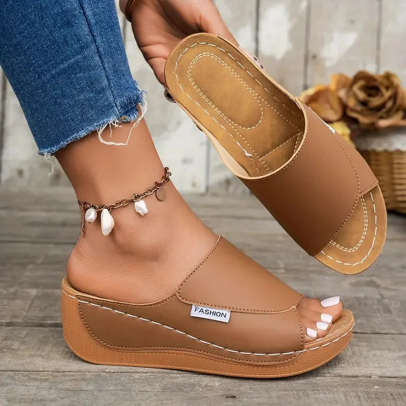 Women's Wedge Slippers – Open Toe Buckle Sandal Slides Wedge Sandal Slides Axl 41 Brown