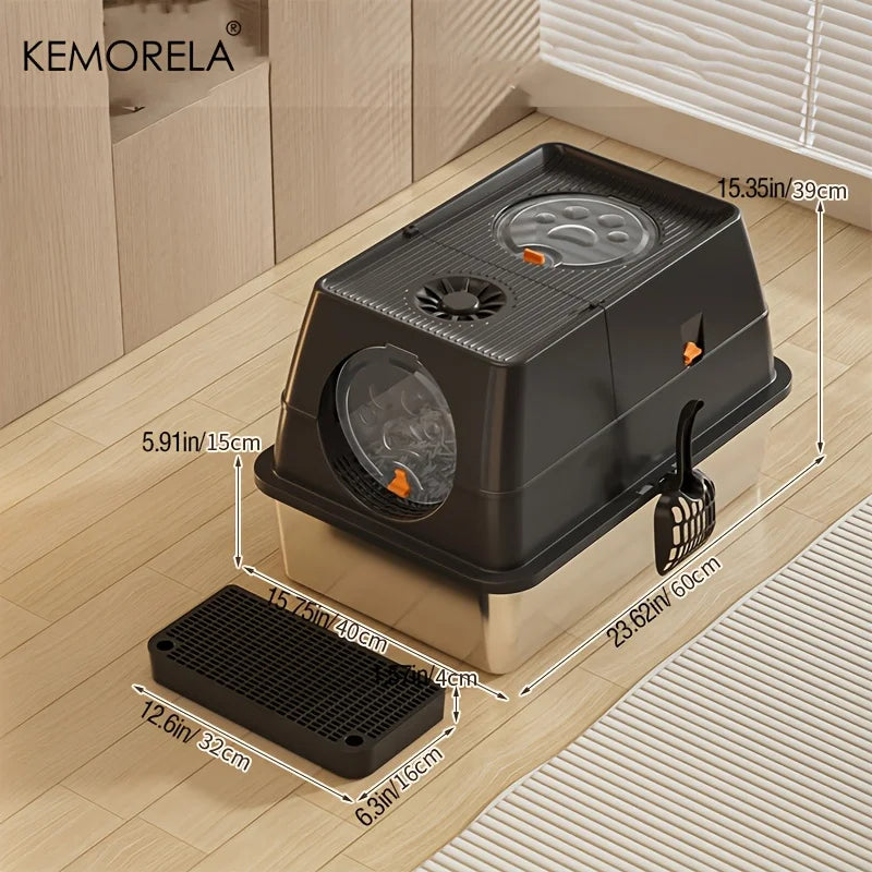 KEMORELA XL Stainless Steel Cat Litter Box – High-Sided + Scoop Cat Litter Box Axl Black XL
