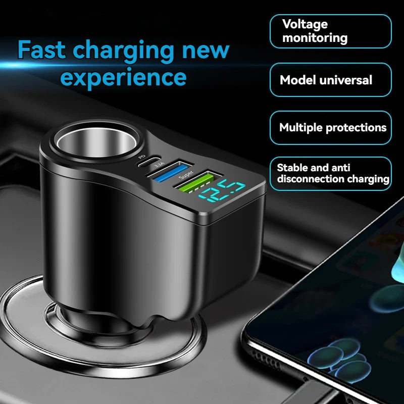 4-in-1 Car Charger – Dual USB + Type-C PD Fast Charging 12/24V Car Charger Adapter Axl